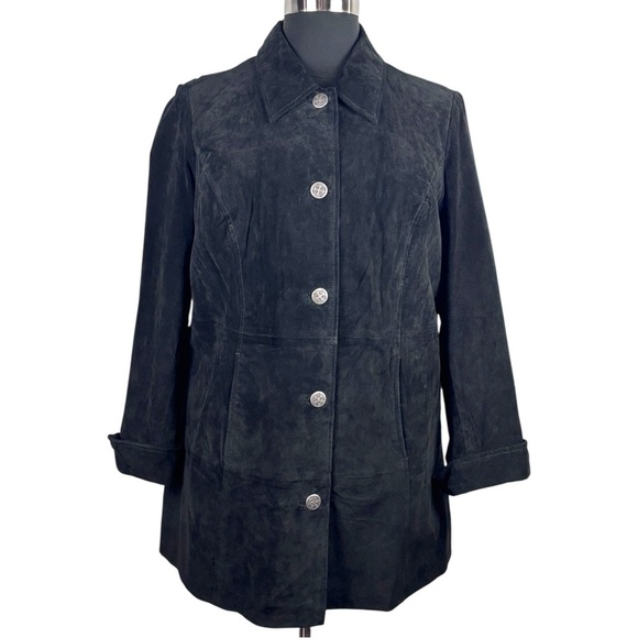 Y2K BLACK SUEDE LEATHER BUTTON DOWN COLLARED CAR COAT JACKET D & CO - Picture 3 of 14